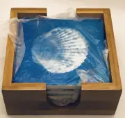 Ceramic Coaster Set 4 Pc Square With Oak Holder 4 Different Sea Shell Blue Green