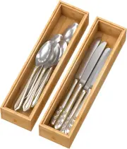 Bamboo Drawer Organizer Storage Box Kitchen - Wood Stackable Tray Set of 2 (12X3