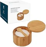 KITCHENDAO Bamboo Salt Cellar Bowl Box Container with Built-in Spoon, Elegant Kitchen Salt Dish Holder Saver Jar with Swivel Magnetic Lid to Storage Pepper Spice Bath Salt Sea Salt, 6OZ