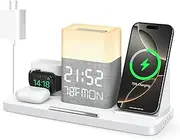 6-in-1 Wireless Charging Station with Bluetooth Time Sync, Temperature Auto-Adjustment Touch Night Light, 20W Fast Charging for iPhone 11-15, iWatch Ultra to Series 2, AirPods 2/3/Pro/Pro 2