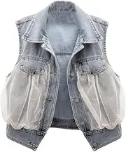 [OFFSUM] Women'S Denim Vest - Spring Summer Sleeveless Mesh Patchwork Waistcoat Jacket Solid Color Single Breasted Plus Size Korean Style Clothing