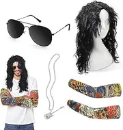 5Pcs Disco Rocker Wig Set, 70s 80s Punk Gothic Rocker Costume Accessories for Men Women,Hippie Costume Set,Curly Rock Wig,Turban Peace Necklace Sunglasses for Theme Party Halloween Carnival Party