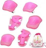AYNKH 6PCS Kids Knee Pads Wrist Guards Elbow Protective Set with Unicorn Drawstring Bag, 3-12 Years Old Girls Kids Adjustable Comfortable Gear for Roller Skates Scooter Skating Riding Cycling