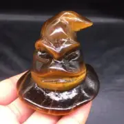 Natural Tiger's Eye Crystal Quartz Carved Wizard Hat Skull Healing Reiki Decorat