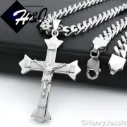 24"MEN Stainless Steel 9mm Silver Cuban Curb Chain Necklace Cross Pendant*MJ28