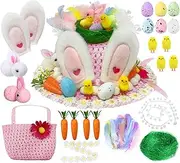 Kids Easter Bonnet Kit with Baskets,DIY Easter Hat Craft Kit Activity for Kids with Feathers Chicks Eggs Bunnies Daisy lace Carrots Grass