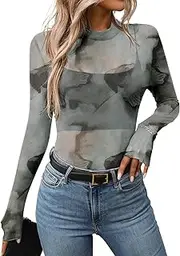 [Ausing] Women Sexy Long Sleeve Top Sheer Lace Tops Y2K Tight Tshirt Slim See-Through T-Shirt Summer Crew Neck Stretchy Blouse S-XL