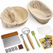 [rorecay] Bread Banneton Proofing Basket Set of 2, 9 Inch Round & 10 Inch Oval Cane Sourdough Baskets with Bread Lame + Dough Scraper + Linen Liner + Basting Brush for Bread Making Baking Fermentation