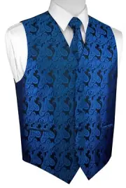 MEN'S ROYAL BLUE PAISLEY TUXEDO VEST, TIE & HANKIE. FORMAL DRESS WEDDING PROM
