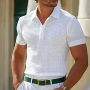 Men's Waffle Polo Shirts Polo Shirts Casual Holiday Lapel Ribbed Polo Collar Short Sleeve Fashion Basic Plain Buttons Soft Summer Spring Regular Fit White Yell