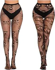 [NOIAFZY] 2 Pairs Women's Skull Pattern Fishnet Tights, Black