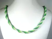 Hand Crocheted Lime Green with White Glass Seed Bead Necklace 24"