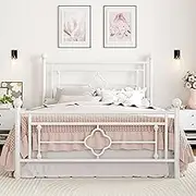 SHA CERLIN 14 Inches Queen Size Metal Platform Bed Frame/Vintage Iron-Art Headboard and Footboard/Mattress Foundation for Storage/No Box Spring Needed/Noise-Free/Easy Assembly/White