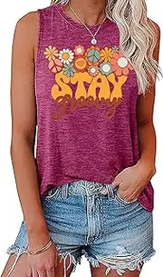 [Fashvacation] Retro Stay Groovy Tank Top Women Floral Graphic Tee Hippie Vintage 70s Disco Peace Casual Sleeveless Top