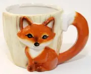 Ceramic Red Fox Mug Sitting by Tree Tail Handle Embossed 10 Oz Vintage