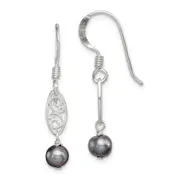 Sterling Silver Polished Filigree 5-6mm Grey Freshwater Cultured Pearl Dangle Earrings
