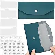 Frienda 1 Cash Envelope Wallet PU Leather Reusable Budget Envelope 8 Cash Dividers 2 Sheets Category Sticker Labels for Wallets Bill Planner(Dark Blue,Classic)
