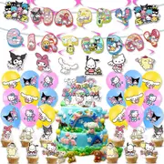 Sanrio Party Decorating Set - Birthday Banner Latex Balloons Cake Cupcake Toppers Swirls - Hello Kitty Kuromi Family Party Decorations