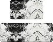 Black White Marble Print Kitchen Floor Mat 2 Sets Non-Slip Rugs for Kitchen Laundry Office and Home Decor