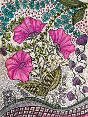 ORIGINAL ART zentangle inspired, whimsey 9x12 inches pink flowers, fuschia