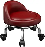 Rolling Low Stool Chair Leather Heavy-Duty Sturdy Swivel Chair Beauty Stool with Universal Wheels and Backrest for Home Office Garage ShopRed,A1