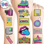 90s 80s Theme Temporary Tattoos Birthday Party Decorations Favors Supplies 8 Sheets 96 PCS Retro Super Cute Fake Tattoo Stickers Party Gifts for Kids Children Girls Boys Home Activity School Rewards
