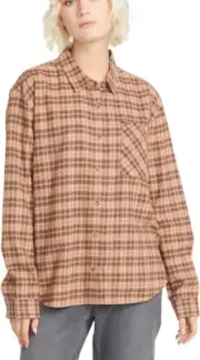 Volcom Women's Plaid to Meet U Long Sleeve Flannel Shirt Size Small S Clay B04