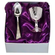 Shiny Silver Baby Duck Design Egg Cup Holder & Spoon Gift Set- Baptism Keepsake