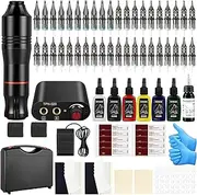 Tatooine Complete Beginner Tattoo Kit, Tattoo Machine, Tattoo Practice Skin, Aftercare Cream, Gold Color Tattoo Power Supply with LED Display, Tattoo Pedal, Tattoo Ink, with other Tools