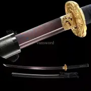 Japanese Katana Handmade Folded Steel Black Samurai Sword Brass Tsuba Full Tang.