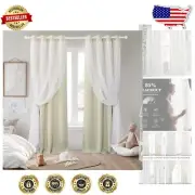 Modern 63 Inch Beige Blackout Curtains with White Sheer Overlay - Set of 2