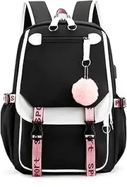 LeoLeoyy Girl Backpack 20-35L Large Capacity Oxford Cloth School Bag Outdoor Rucksackwith USB Charging and Headphone Port for Students (Black)