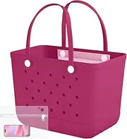 [SVETOR] Large Rubber Tote Bag-Waterproof Washable Travel Tote Bag with Zipper Pocket for Sports,Pool, Beach,Market. Durable Lightweight Beach Bag Handbag., Rose Red, X-Large