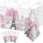 ZOIIWA 3 Pieces Paris Eiffel Tower Tablecloths Pink Paris Theme Eiffel Tower Plastic Disposable Rectangle Table Covers for Baby Shower Wedding Girl Birthday Party Favors Decorations Supplies