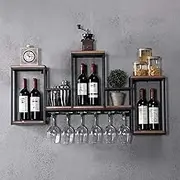 Wall-Mounted Wine Glass Rack - Wine Bottle Holder, Industrial Iron/Wood Hanging Display Stand, Suspension Decorative Storage Shelf Cabinet for Bar/Wine Cellar/Kitchen, L106*W20*H42cm A