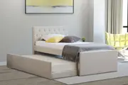Istyle Norman King Single Trundle Storage Bed Frame Fabric White Oak Beige