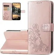 [Monwutong] Wallet Phone Case for Nokia XR21,Four Leaf Clover Pattern PU Leather Case with Magnetic Clasp and Cash Card Slots Holster for Nokia XR21,SYC Rose Gold