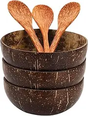 MLKLDOU Coconut Bowl Set - 3 Coconut Bowls & 3 Spoons,Hand Made Wooden Cutlery,Dessert Fruit Salad Mixing Bowl Rice Ramen Bowl