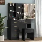 Dressing Table Makeup Vanity Table Set w/ Slide Mirrow & Vanity Stool & 6Drawers