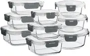 Glass Food Storage Containers 9 Pack,Three shapes Glass Meal Prep Containers with Snap Lock Leakproof Lids,for Microwave,Freezer,Oven and Dishwasher (Grey)
