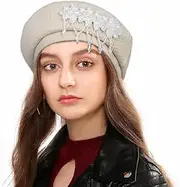 [Generic] Crystal Beret Hat Women's Berets Tassel Beret Flower Warm Beanie Winter Cap for Women Girls