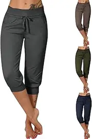 [Generic] Women's Slim Fit Pants Casual Trouser Women's Yoga Capris Pants with Pockets Lightweight - Travel Hiking Summer Pants - Solid Pants Wide Trousers - Sporty Sweatpants with Drawstring - Calf-Length