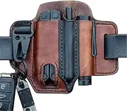 Tignapoo Multitool Leather EDC Pocket Organizer for Men, Sheath for Belt With Pen Holder, Key Fob, Flashlight Holder, Leatherman Pouch (Brown)