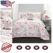 Pixie Fox Reversible Quilt Set - 4 Piece Full/Queen Gray & Pink Bedding