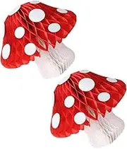 LOLIPPYY 2 Pcs Red Mushroom Tissue Paper Pom Poms Honeycomb Decorations for Kids Birthday Wedding Baby Shower Hang on Tree Ceiling Window Tent 30cm