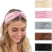 5Pcs Headbands, Wide Headbands Non Slip Turban Fashion Hair Bands Headwrap Solid Color Hair Accessories Yoga Sports Head Bands Multicoloured Headband Elastic Yoga Bandanas for Women (5 color)