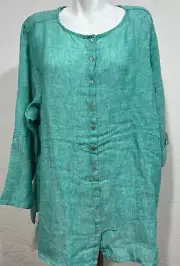 Tahari Women 1X Teal Blue Linen Blouse Top Shirt Tunic Button down New NWT