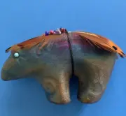 Raku Pottery Spirit Bear Fetish w Feathers & Beads By Jeremy Diller Signed New