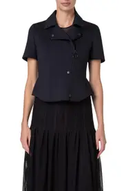 Akris punto Peplum Short Sleeve Spacer Knit Biker Jacket in Black at Nordstrom, Size 4