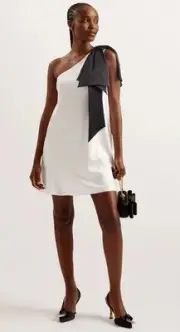 Ted Baker Midori One-Shoulder Satin Ruched Mini Dress W/Bow size. 3 (L) NWT $375